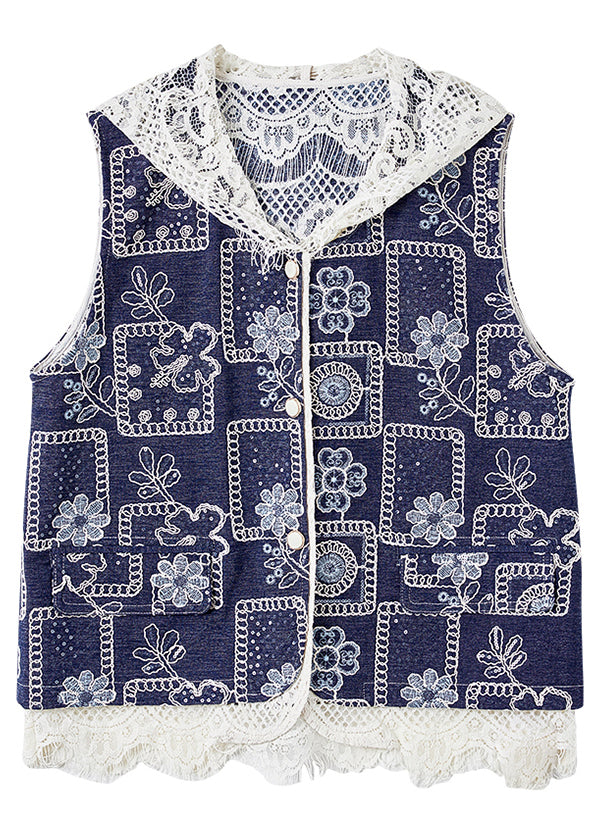 Italian Blue V Neck Print Hollow Out Denim Waistcoat Sleeveless