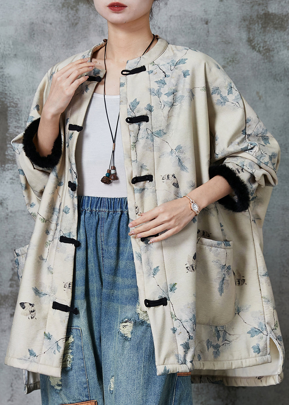 Apricot Oversized Print Warm Fleece Coat Outwear Spring