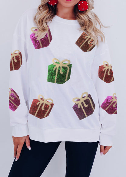 White Embroidered Sequins Cotton Sweatshirt Fall