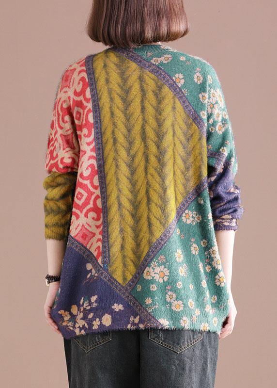 Color Block O-neck Print Cotton Sweater