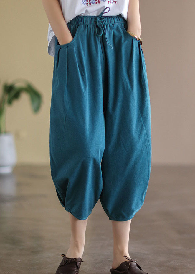 Italian Blue Wrinkled Pockets Linen Crop Pants Summer