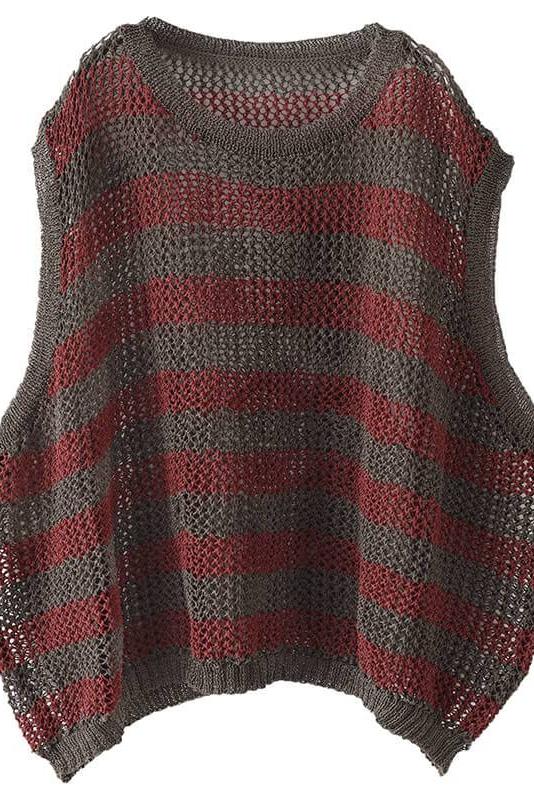 Hollow Out Stripes O Neck Sleeveless Vest Top