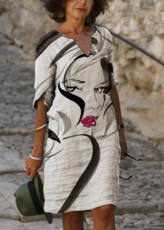 Black V Neck Print Loose Cotton Mid Dresses Summer