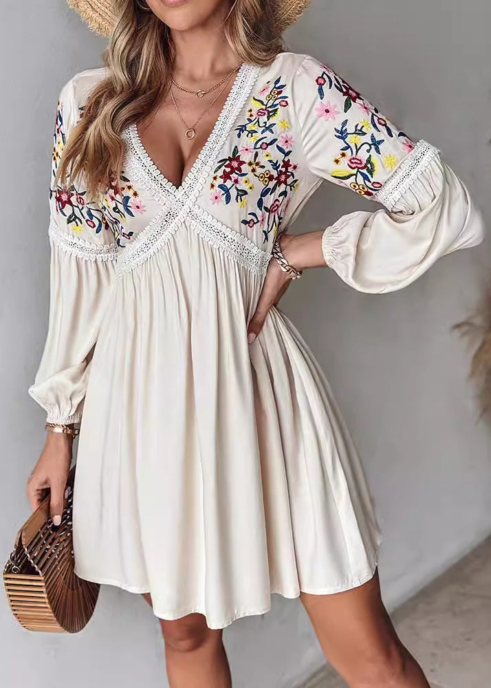 Style Apricot Embroidered Cotton Mid Dress Long Sleeve