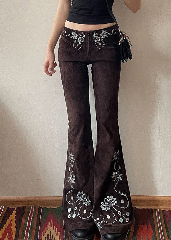 Slim Fit Chocolate Embroidered Denim Flared Trousers