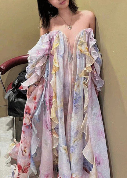 Cold Shoulder Ruffled Print Chiffon Long Dresses