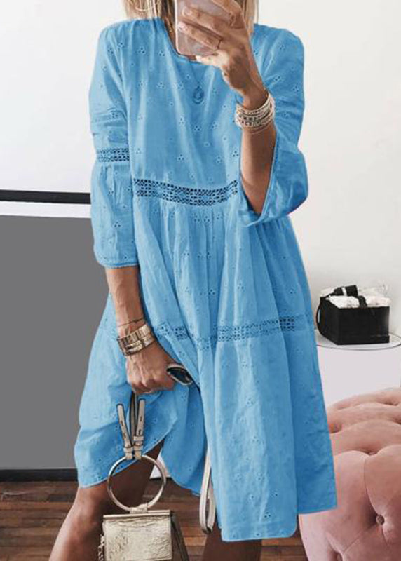 Yellow O-neck Hollow Out Long Dresses Bracelet Sleeve