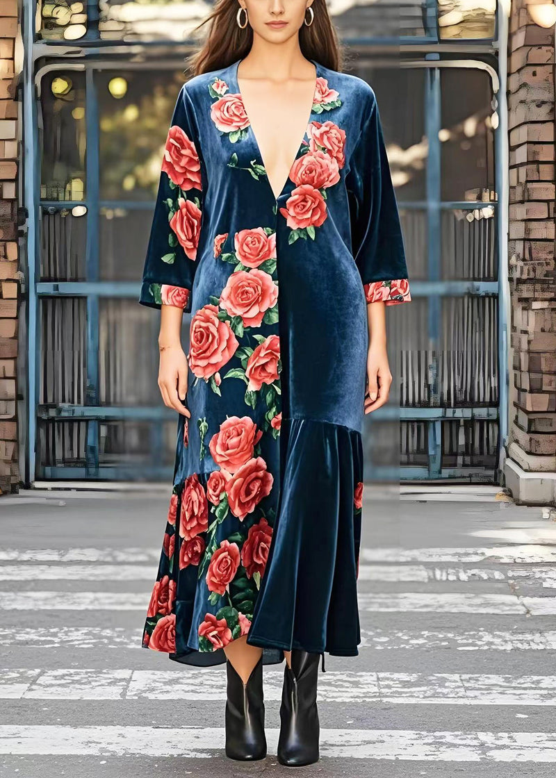 Diy Navy Deep-v Neck Silk Velvet Maxi Dress Bracelet Sleeve