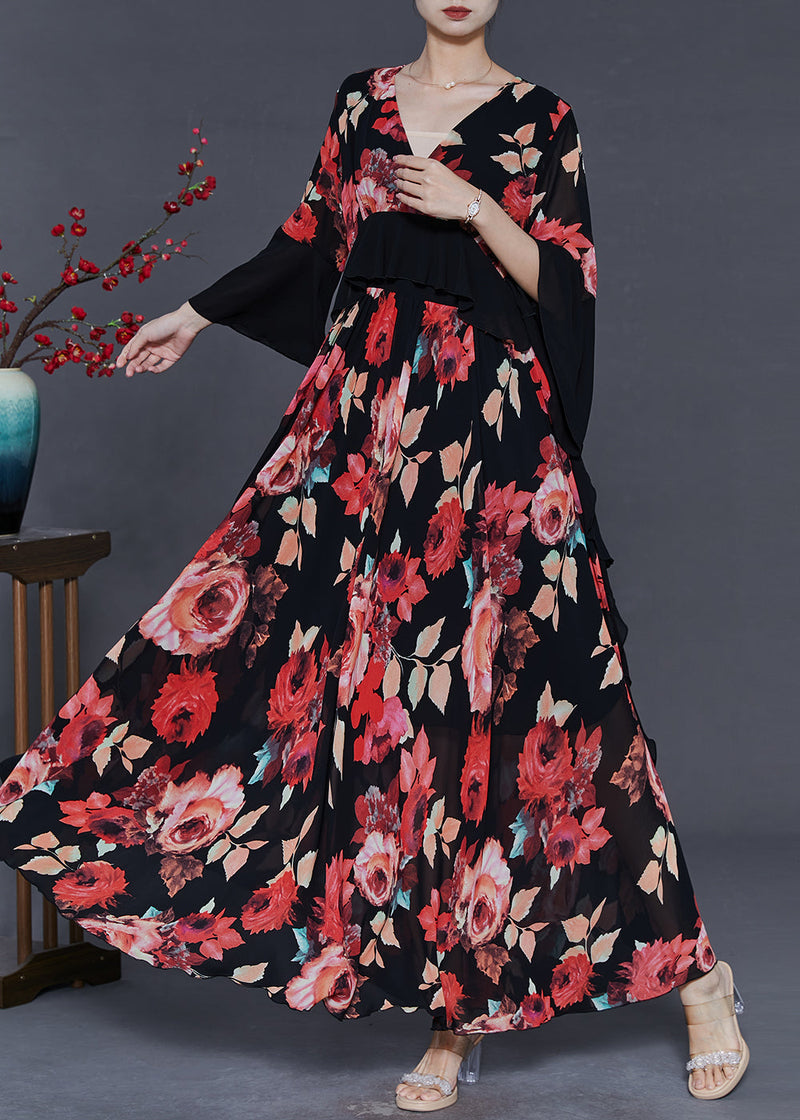 Red Patchwork Chiffon Maxi Dresses Fall