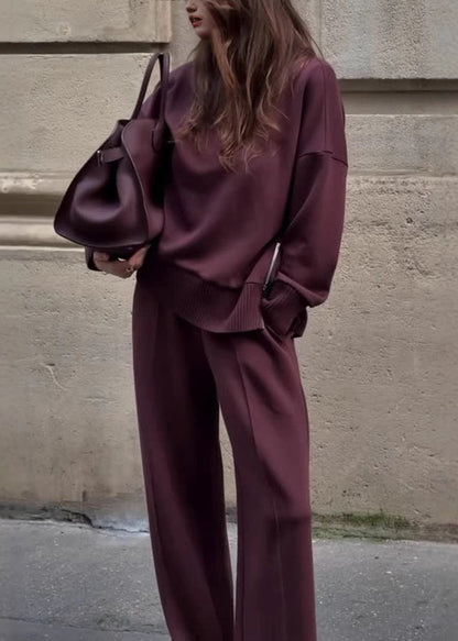 French Mulberry Hign Neck Tops and Pants Knit Two Pieces Set Fall