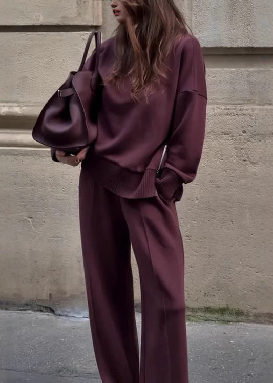French Mulberry Hign Neck Tops and Pants Knit Two Pieces Set Fall
