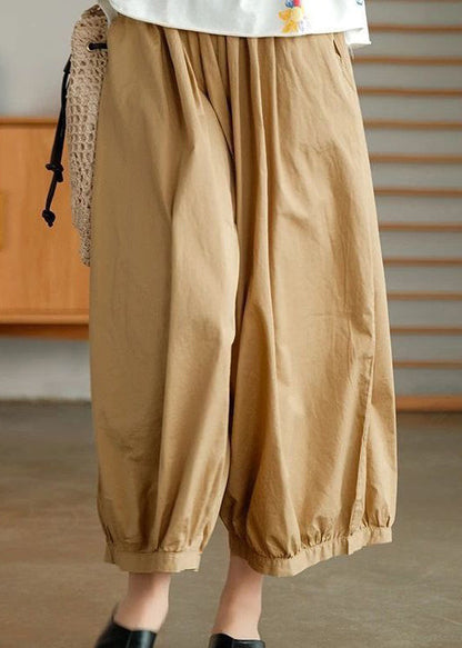 Khaki Pockets Cotton Wide Leg Pants High Waist Summer