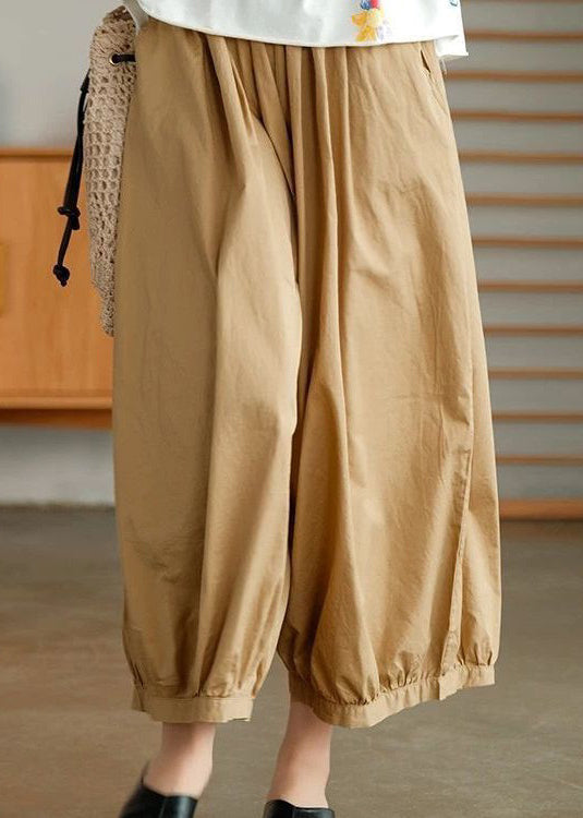 Khaki Pockets Cotton Wide Leg Pants High Waist Summer