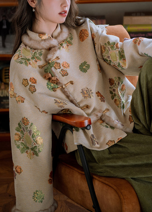 Jacquard Apricot Stand Collar Patchwork Warm Fleece Parka Winter