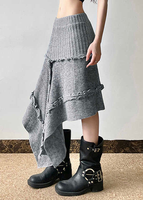 Grey Asymmetrical Design Ruffled Knit Skirts Spring