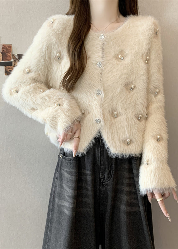 Grey O Neck Nail Bead Mink Hair Knitted Coat Fall
