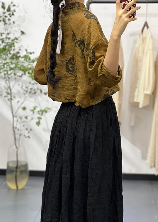 Yellow Stand Collar Print Linen Top Bracelet Sleeve