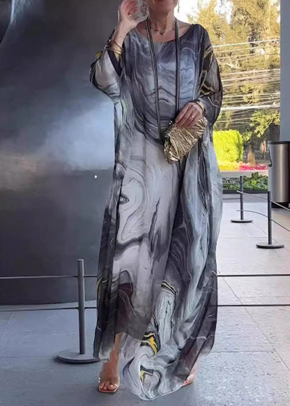 Khaki O-neck Print Long Dress Fall