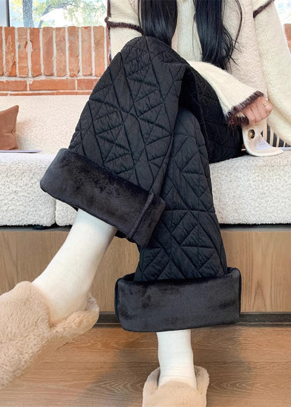 Modern Black Plaid Pockets Drawstring Warm Fleece Pants Winter
