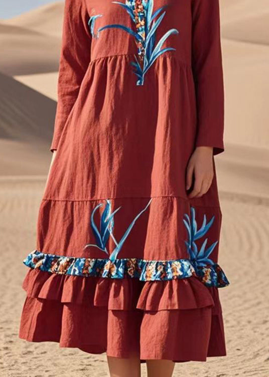 Red Print Patchwork Ruffles Cotton Dresses Fall