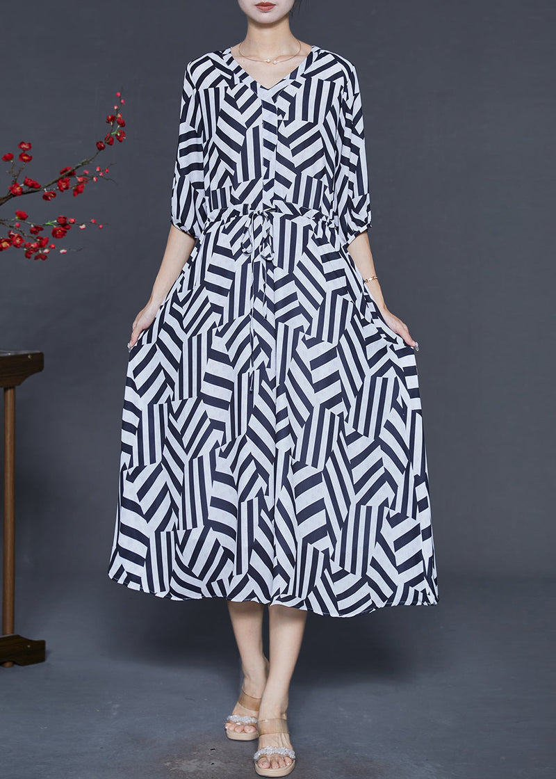 Black Cinched Striped Chiffon Dress Summer