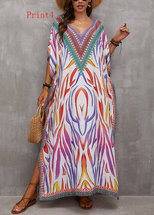Loose V Neck Print Side Open Cotton Long Dress Summer