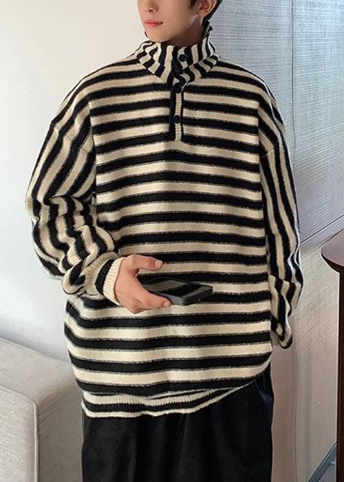 French Black Striped Button Knit Sweaters Winter