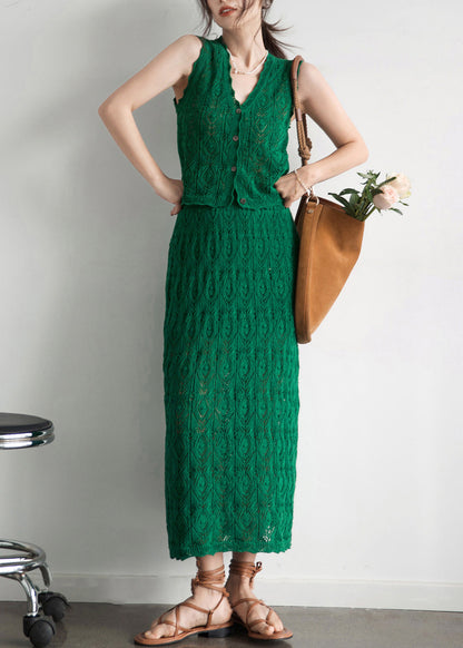 New Green Button Hollow Out Cotton Knit Two Pieces Set Sleeveless