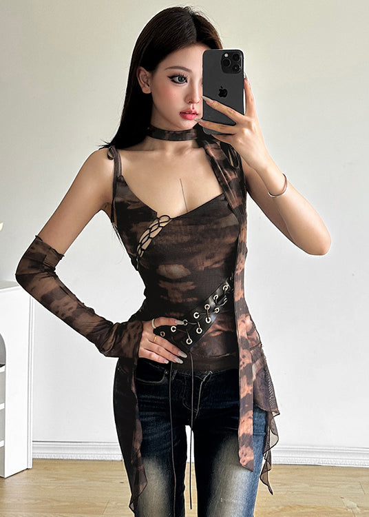 American Design Brown Asymmetrical Design Tulle Camisole Top