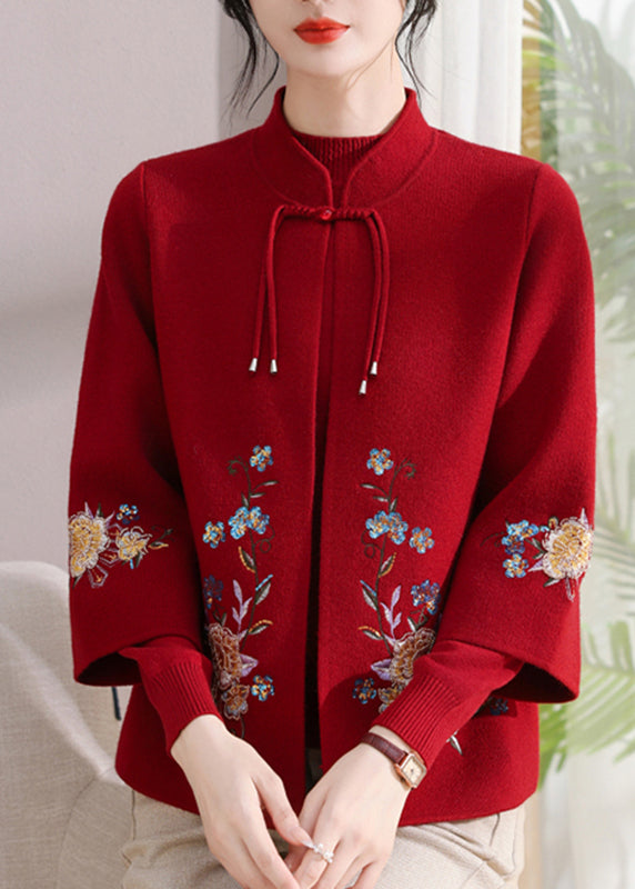Red Embroidered Cotton Knit Cardigans and Sweater Two Pieces Set Fall