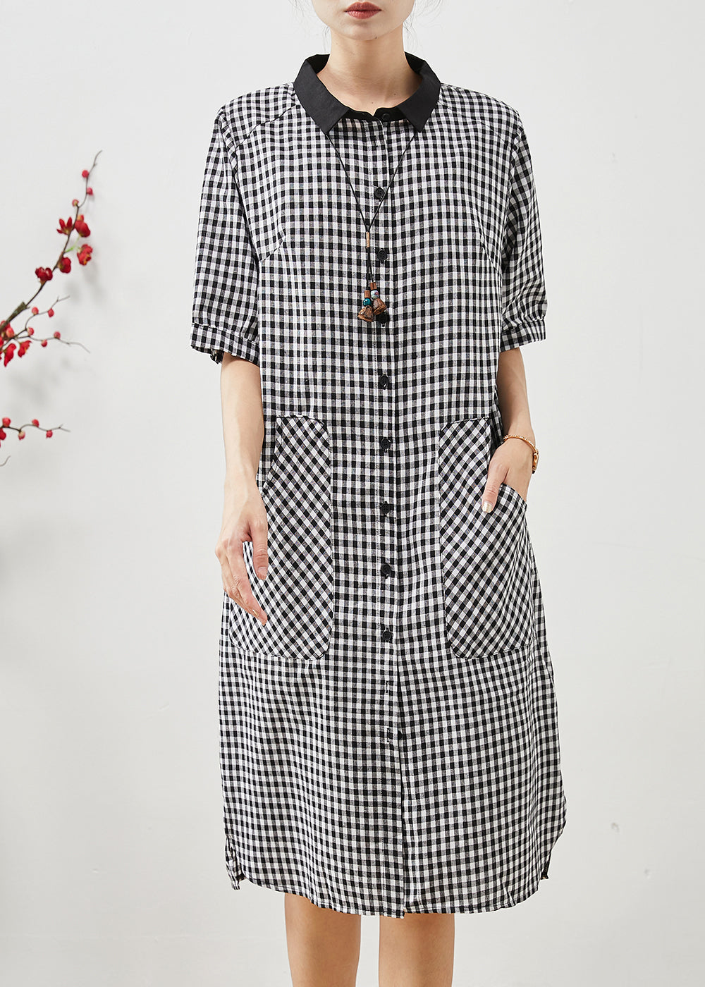 Grey Plaid Linen Shirt Dress Oversized Summer