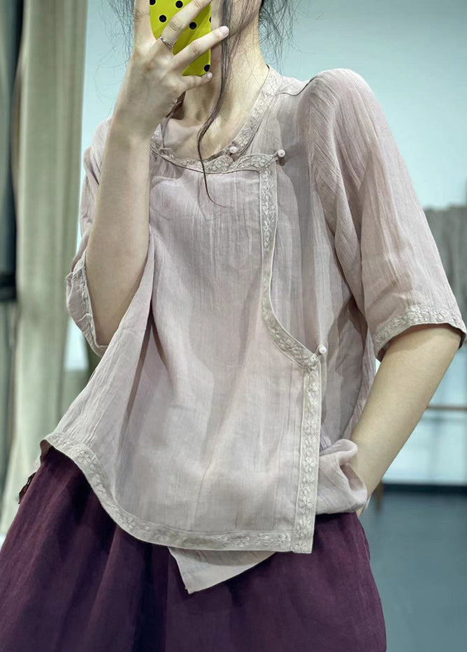 Pink Embroidered Linen Blouses Summer