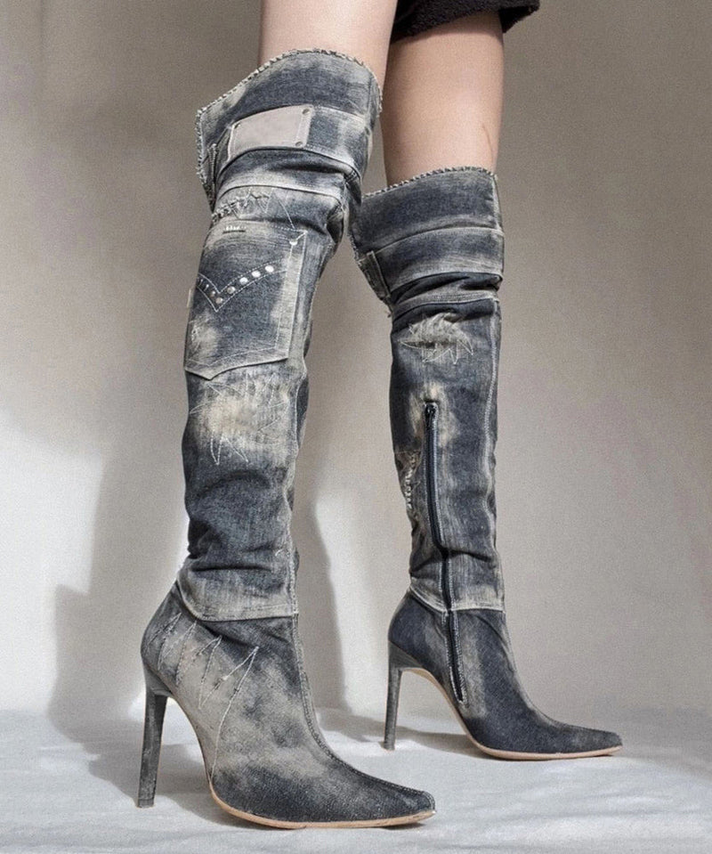 American Style Spicy Girl Pointed Denim Knee High Boots
