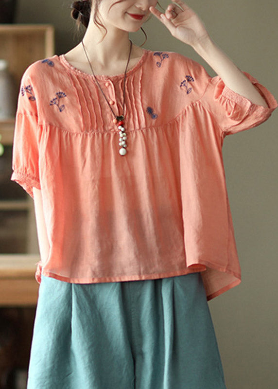 Handmade Orange O-neck Embroidered Button Wrinkled Linen Tops Half Sleeve