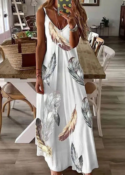 Feather Print V Neck Cotton Long Dresses Sleeveless