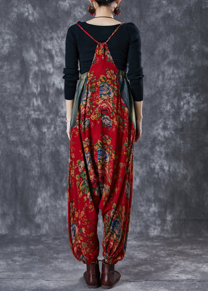 Red Asymmetrical Patchwork Cotton Overalls Jumpsuit Summer
