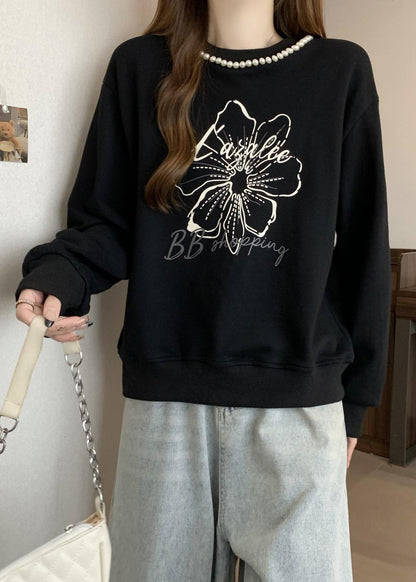 Loose Black O-neck Pearl Print Cotton Sweatshirts Fall
