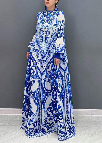 Summer New Blue and White Porcelain Print Chiffon Pleated Long Dress
