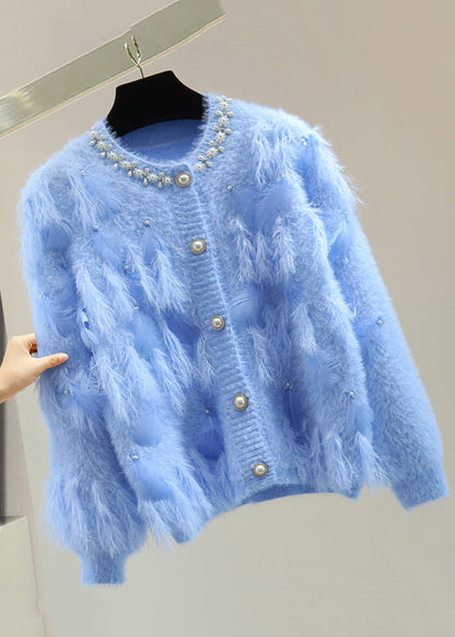 Handmade Blue Nail Bead Patchwork Tassel Cotton Knit Sweaters Winter