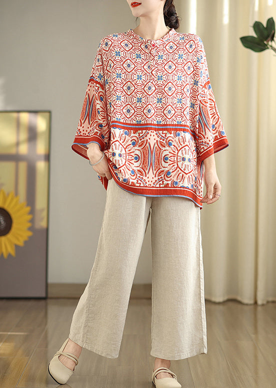 Red Oversized Print Tops Bracelet Sleeve