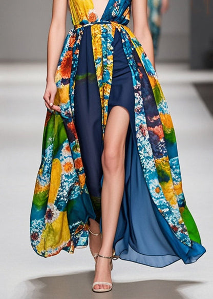 Modern Navy Side Open Patchwork Print Chiffon Dress Sleeveless