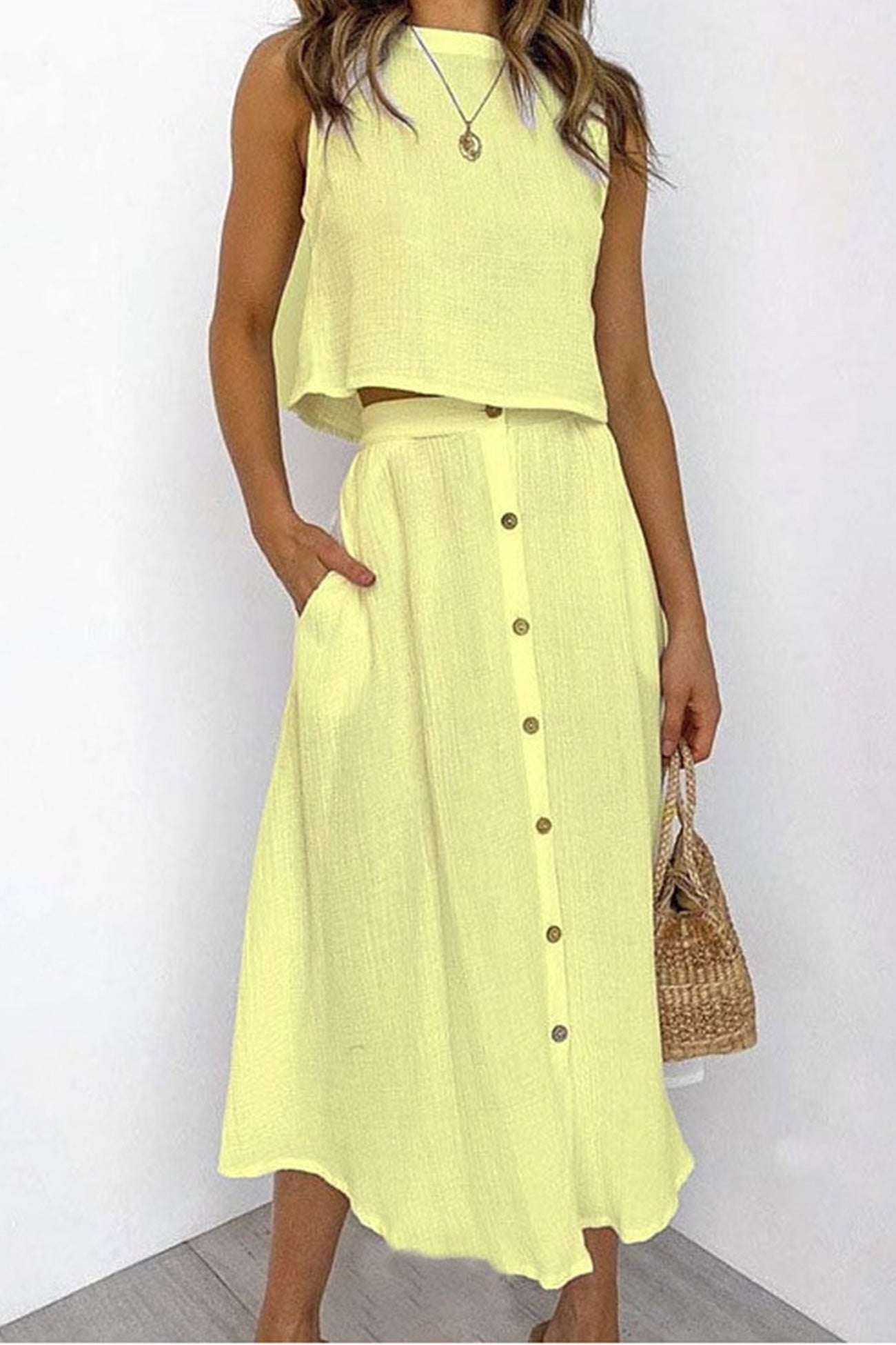 Cotton Tank Top Single-breasted Skirt Suits