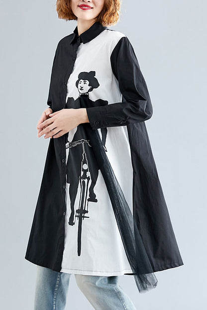 Spring Simple Black White Printed Shirt Dress