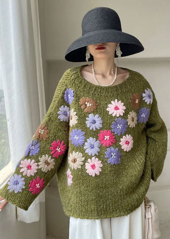 Green Embroidered Knit Sweaters Winter