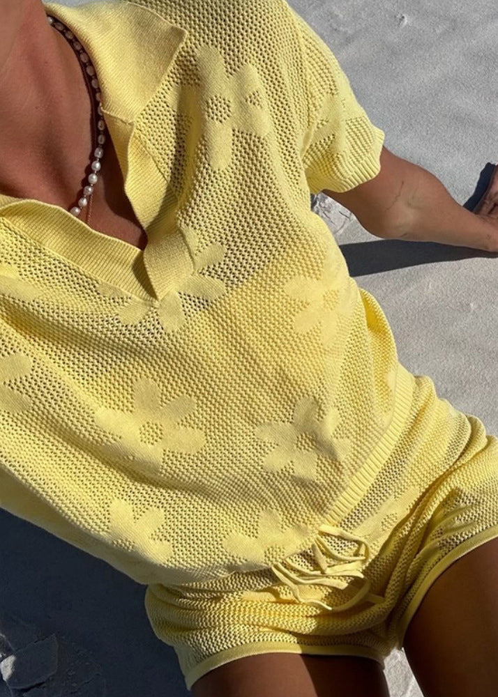 Yellow Cut Out Knit Clitoris Swimsuit Cover Set