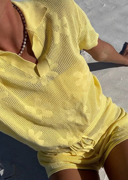 Yellow Cut Out Knit Clitoris Swimsuit Cover Set