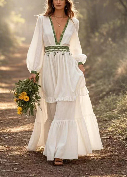 White Deep-v Neck Exra Large Hem Long Dress Spring