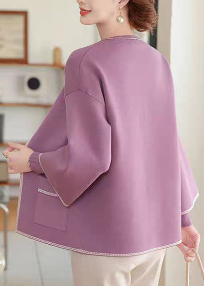 Natural Purple Patchwork Pockets Cotton Knit Cardigans and Sweater Two-piece Set Fall