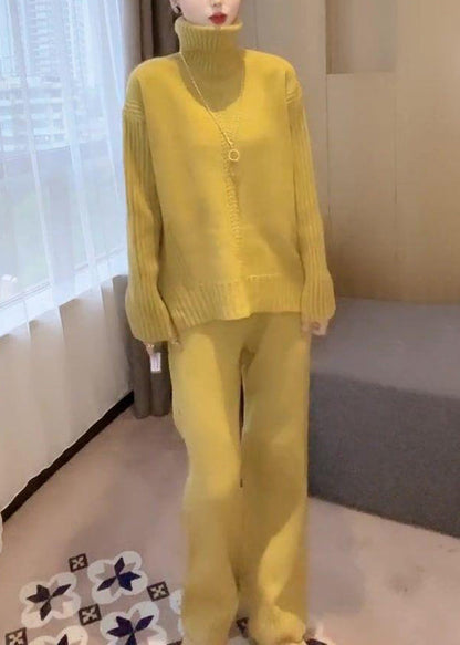 Simple Yellow Turtleneck Knit Two Pieces Set Winter