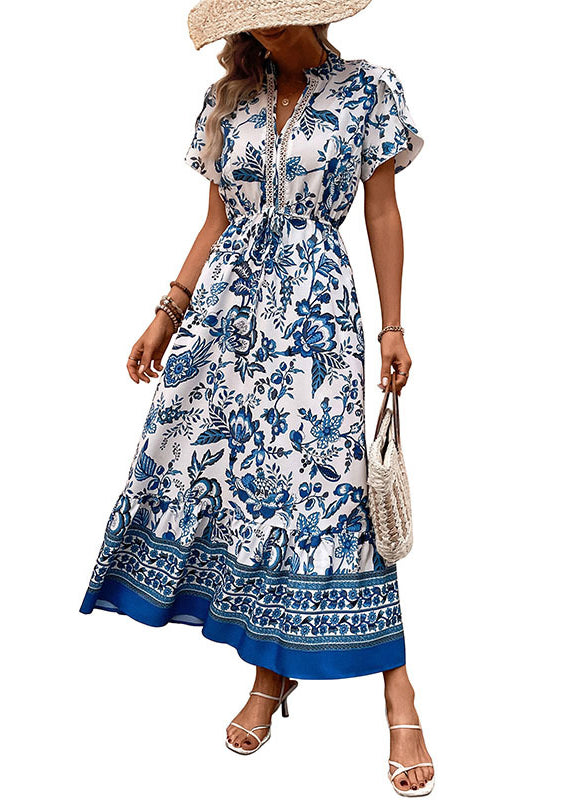 Blue Print Drawstring Chiffon Holiday Dress Summer